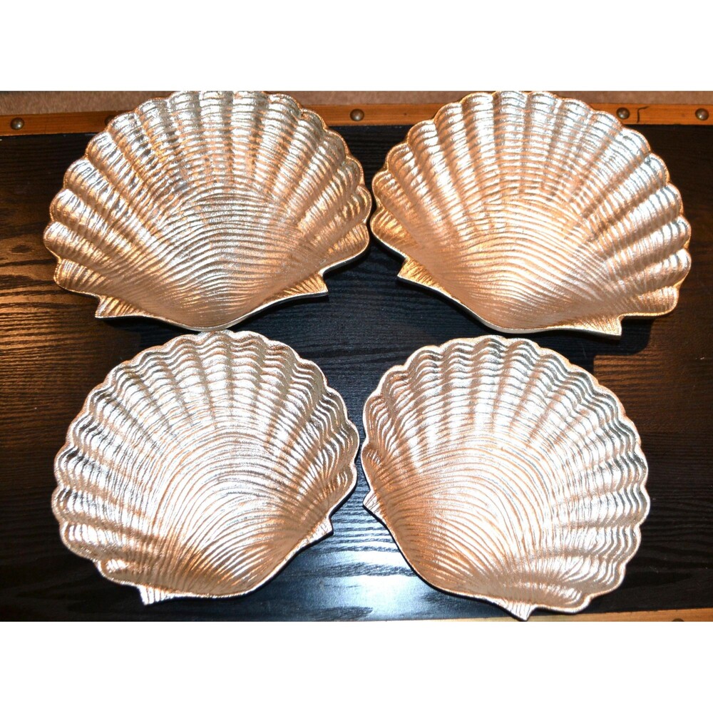 Coastal Silver Metal Clam Dishes Vintage Dining Buffet Patio Set of Four